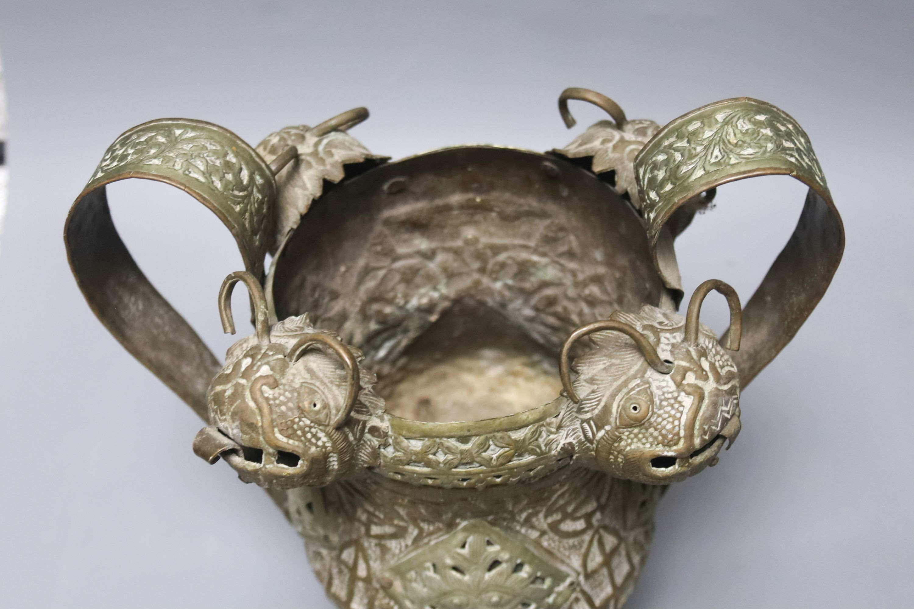 A large Chinese vase, a.f., 47cm, a pair of soapstone carvings, embossed Chinese brass ornament and cased pair of painted eggs
